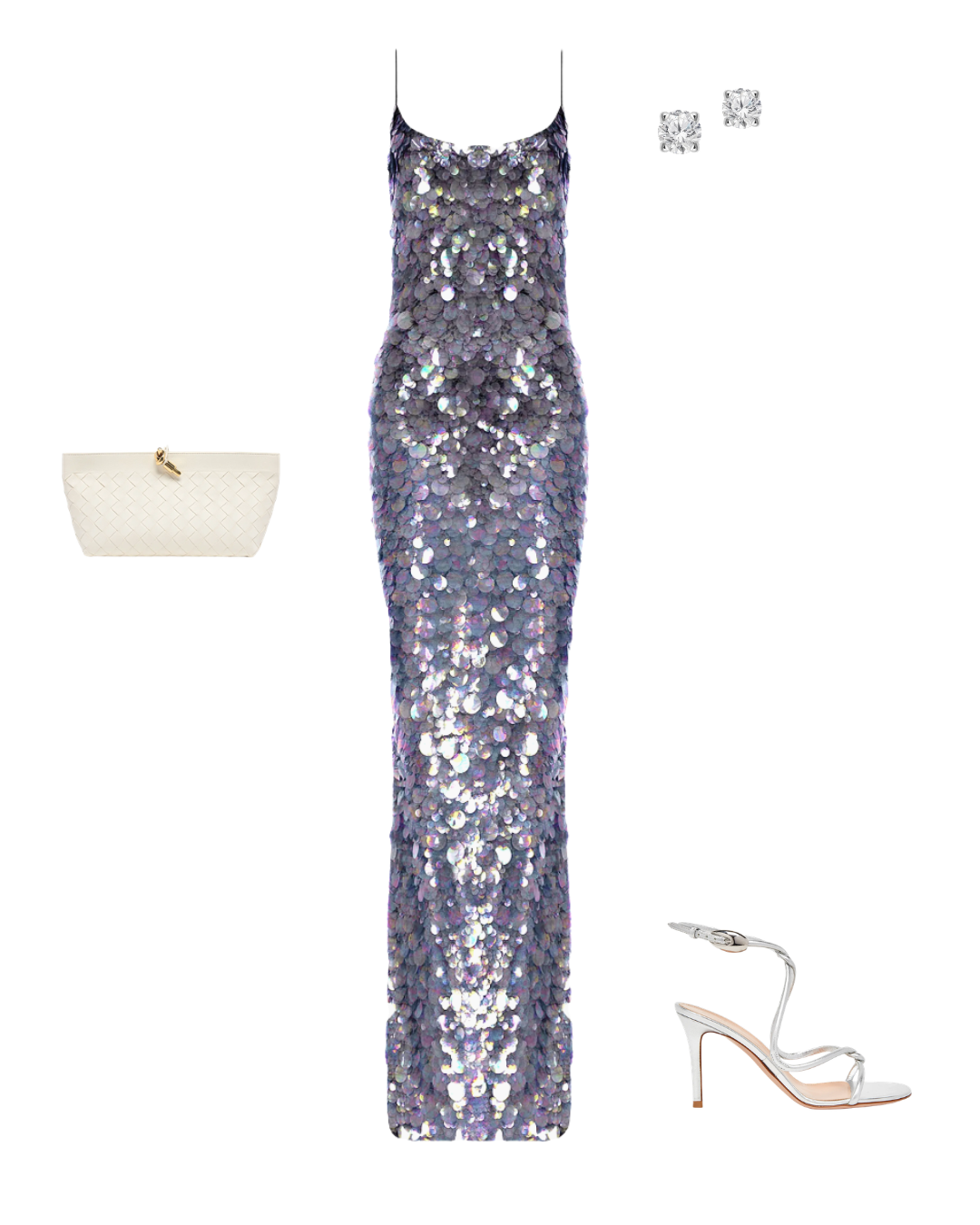 A silver sequin evening dress styled with a clutch, earrings, and heels